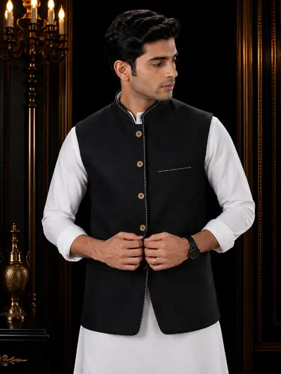 Jet Black Contrast-Stitch Linen Waistcoat view 1