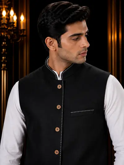 Jet Black Contrast-Stitch Linen Waistcoat view 4