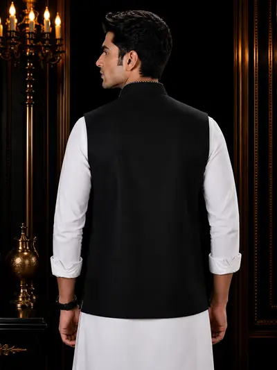 Jet Black Contrast-Stitch Linen Waistcoat view 3