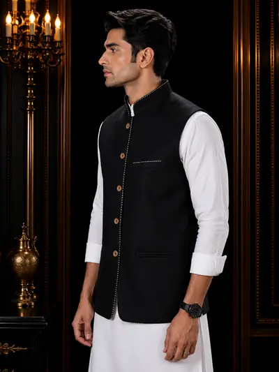 Jet Black Contrast-Stitch Linen Waistcoat view 2