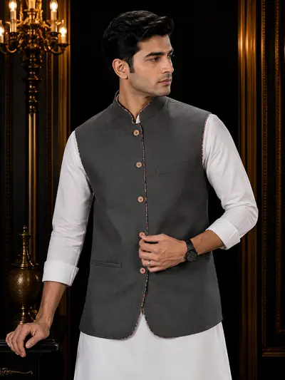 Charcoal Grey Piping Linen Waistcoat view 1