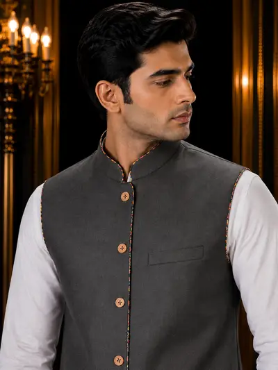 Charcoal Grey Piping Linen Waistcoat view 2