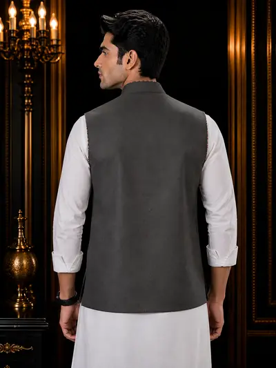 Charcoal Grey Piping Linen Waistcoat view 4
