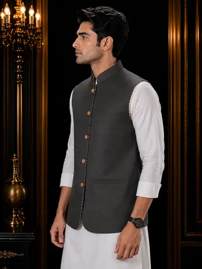 Charcoal Grey Piping Linen Waistcoat view 3