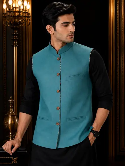 Teal Blue Piping Linen Waistcoat