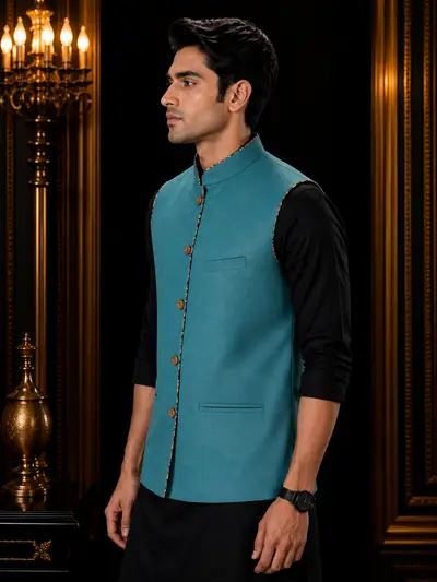 Teal Blue Piping Linen Waistcoat view 3