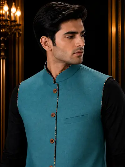 Teal Blue Piping Linen Waistcoat view 2