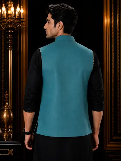 Teal Blue Piping Linen Waistcoat view 4