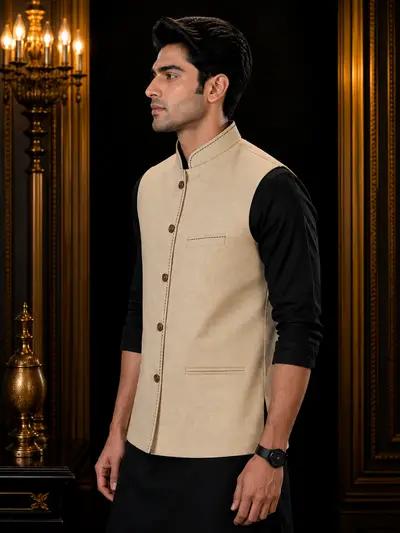 Beige Contrast-Stitch Linen Waistcoat view 4