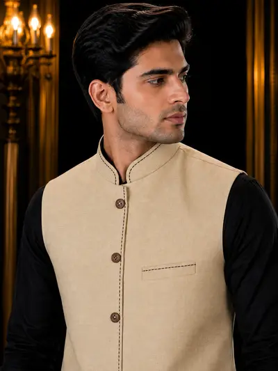 Beige Contrast-Stitch Linen Waistcoat view 2