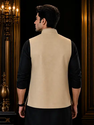 Beige Contrast-Stitch Linen Waistcoat view 3