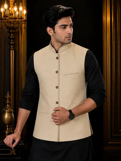 Beige Contrast-Stitch Linen Waistcoat view 1