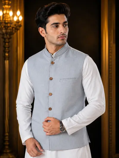 Light Grey Contrast-Stitch Linen Waistcoat view 1