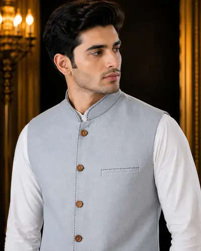 Light Grey Contrast-Stitch Linen Waistcoat view 2