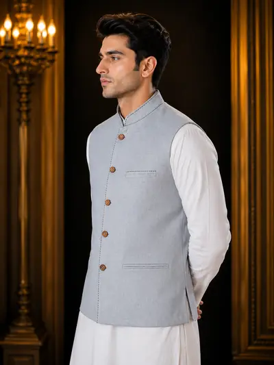 Light Grey Contrast-Stitch Linen Waistcoat view 4