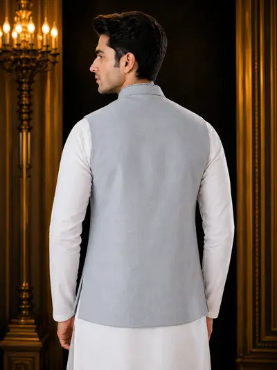 Light Grey Contrast-Stitch Linen Waistcoat view 3