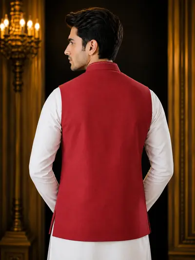 Rust Red Contrast-Stitch Linen Waistcoat view 4