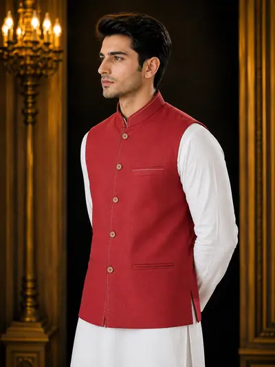 Rust Red Contrast-Stitch Linen Waistcoat view 3
