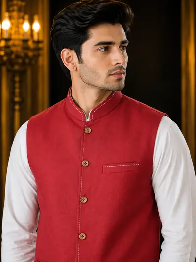 Rust Red Contrast-Stitch Linen Waistcoat view 2