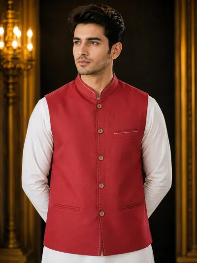 Rust Red Contrast-Stitch Linen Waistcoat view 1