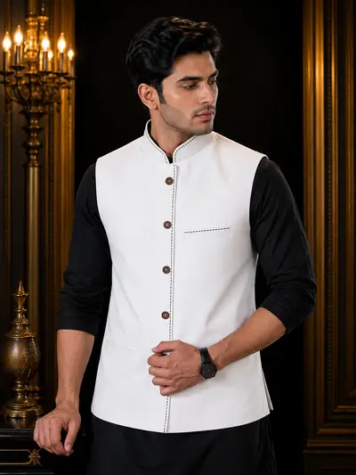 Crisp White Contrast-Stitch Linen Waistcoat view 1
