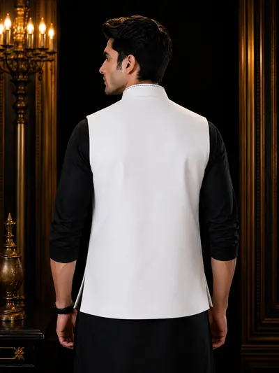 Crisp White Contrast-Stitch Linen Waistcoat view 4