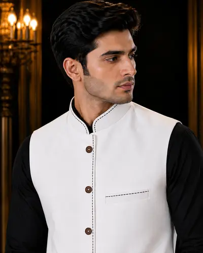 Crisp White Contrast-Stitch Linen Waistcoat view 2