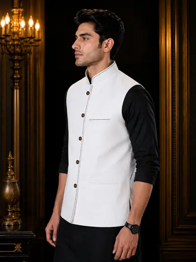 Crisp White Contrast-Stitch Linen Waistcoat view 3