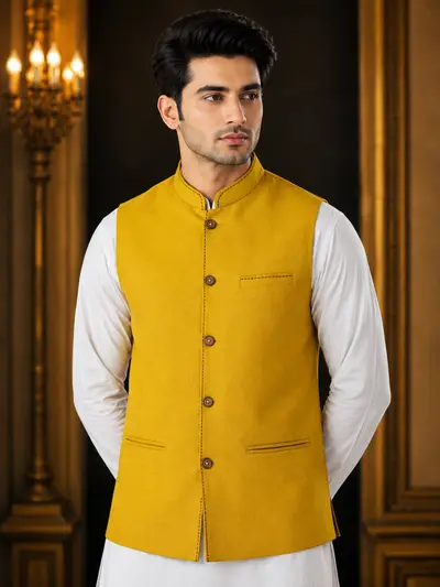 Mustard Yellow Contrast-Stitch Linen Waistcoat view 1