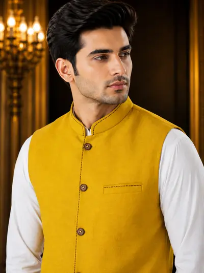 Mustard Yellow Contrast-Stitch Linen Waistcoat view 2