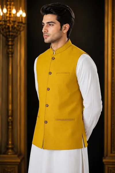 Mustard Yellow Contrast-Stitch Linen Waistcoat view 4