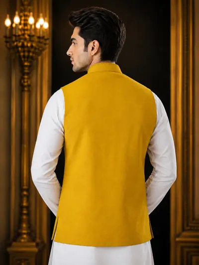 Mustard Yellow Contrast-Stitch Linen Waistcoat view 3