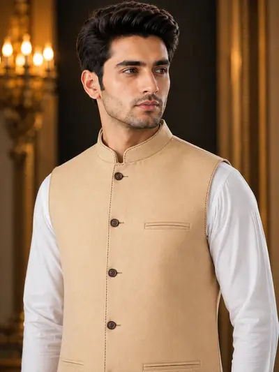 Beige Contrast-Stitch Linen Waistcoat