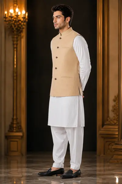 Beige Contrast-Stitch Linen Waistcoat view 3
