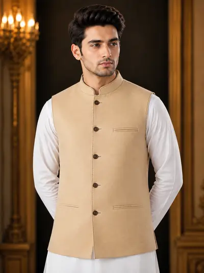 Beige Contrast-Stitch Linen Waistcoat view 2