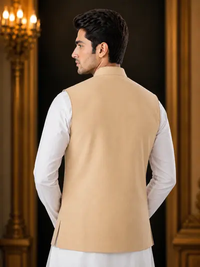 Beige Contrast-Stitch Linen Waistcoat view 4