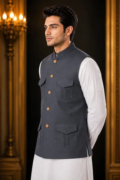 Charcoal Grey 4-Pocket Utility Linen Waistcoat view 3