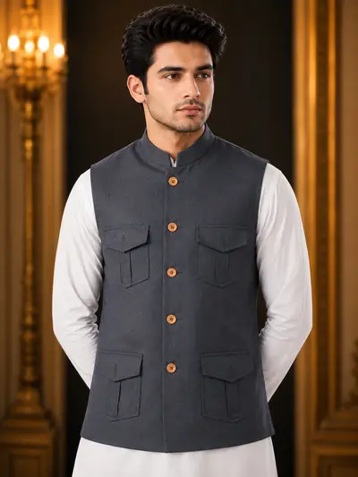 Charcoal Grey 4-Pocket Utility Linen Waistcoat view 2