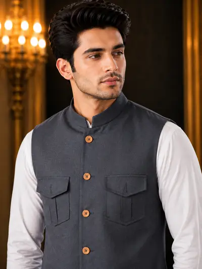 Charcoal Grey 4-Pocket Utility Linen Waistcoat