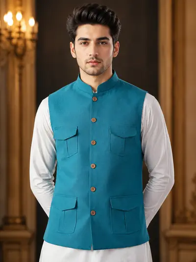 Teal Blue 4-Pocket Utility Linen Waistcoat