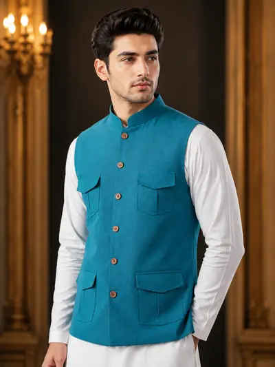 Teal Blue 4-Pocket Utility Linen Waistcoat view 3