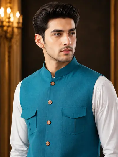 Teal Blue 4-Pocket Utility Linen Waistcoat view 2