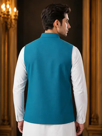 Teal Blue 4-Pocket Utility Linen Waistcoat view 4