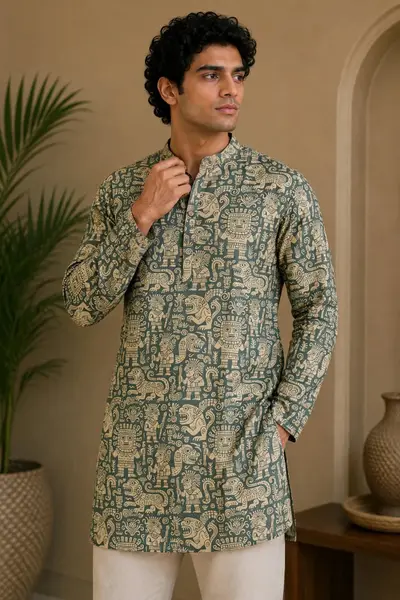 Sage Green Aztec Print Blended Linen Kurta