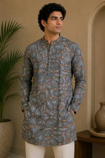 Charcoal Grey Pebble Print Blended Linen Kurta