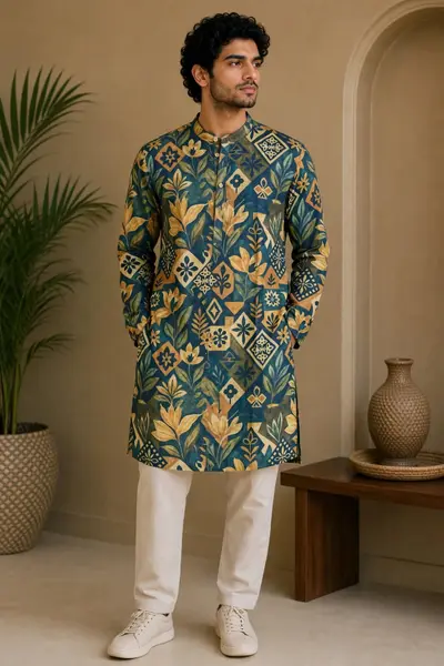Teal Blue Floral Patchwork Blended Linen Kurta