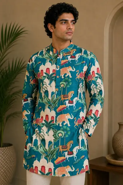 Teal Blue Royal Heritage Mughal Print Blended Linen Kurta