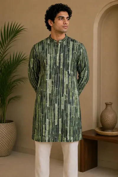 Olive Green Abstract Striped Blended Linen Kurta