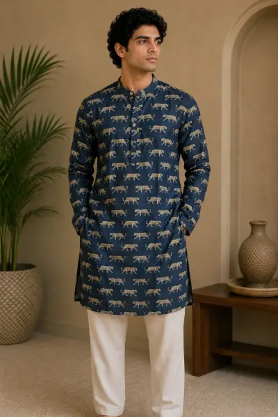 Indigo Blue Leopard Print Blended Linen Kurta