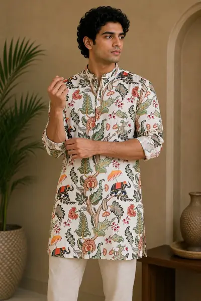 Off-White Botanical & Wildlife Print Blended Linen Kurta